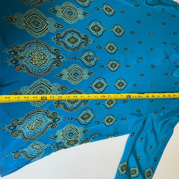 Vintage Silk Blouse By Beth Terrell Blue Geo Print Top Size M Sustainable Office - Picture 6 of 12